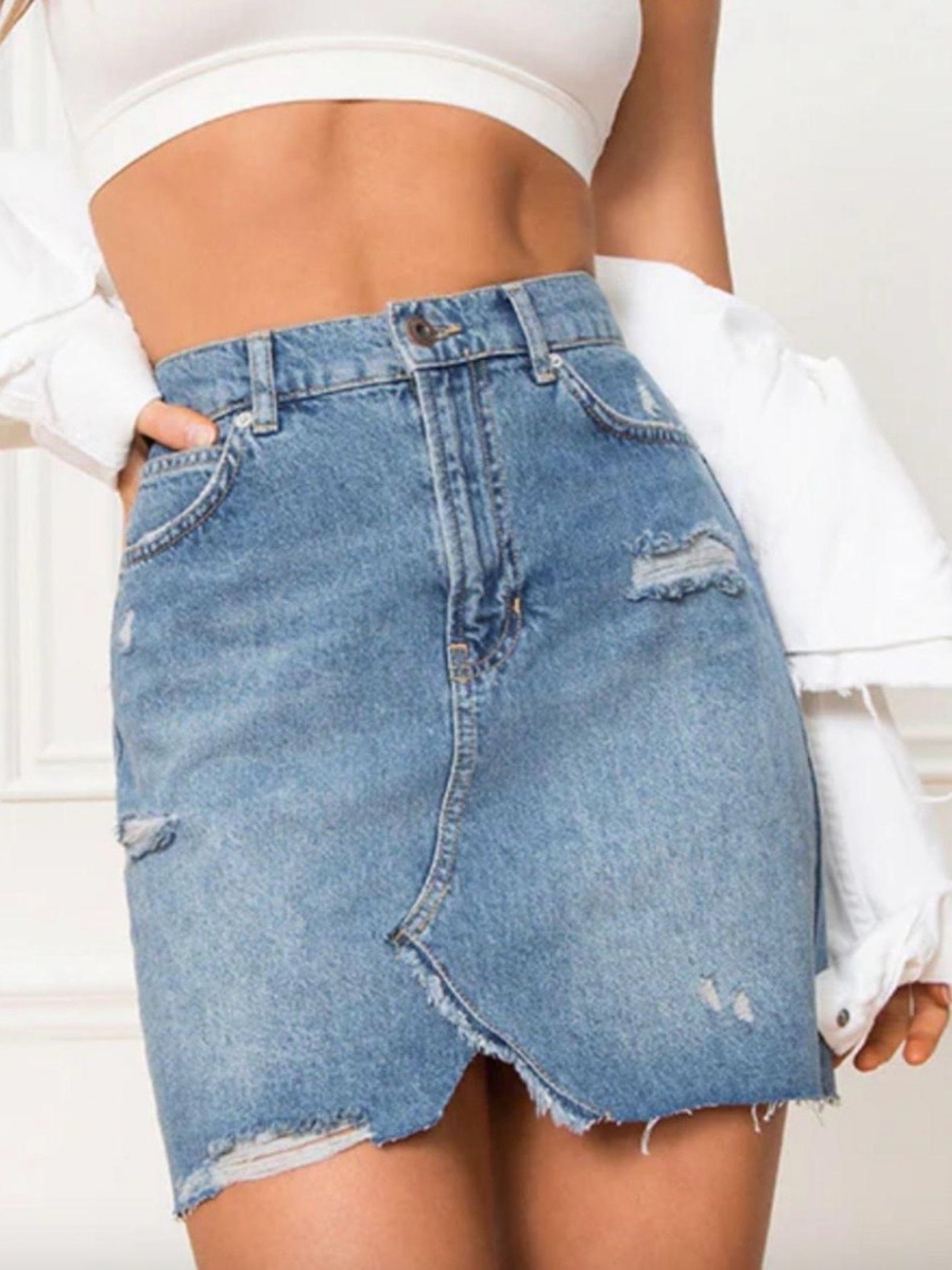Free People We The Free Hallie Distressed Denim Mini Skirt Blue Raw Hem Size S
